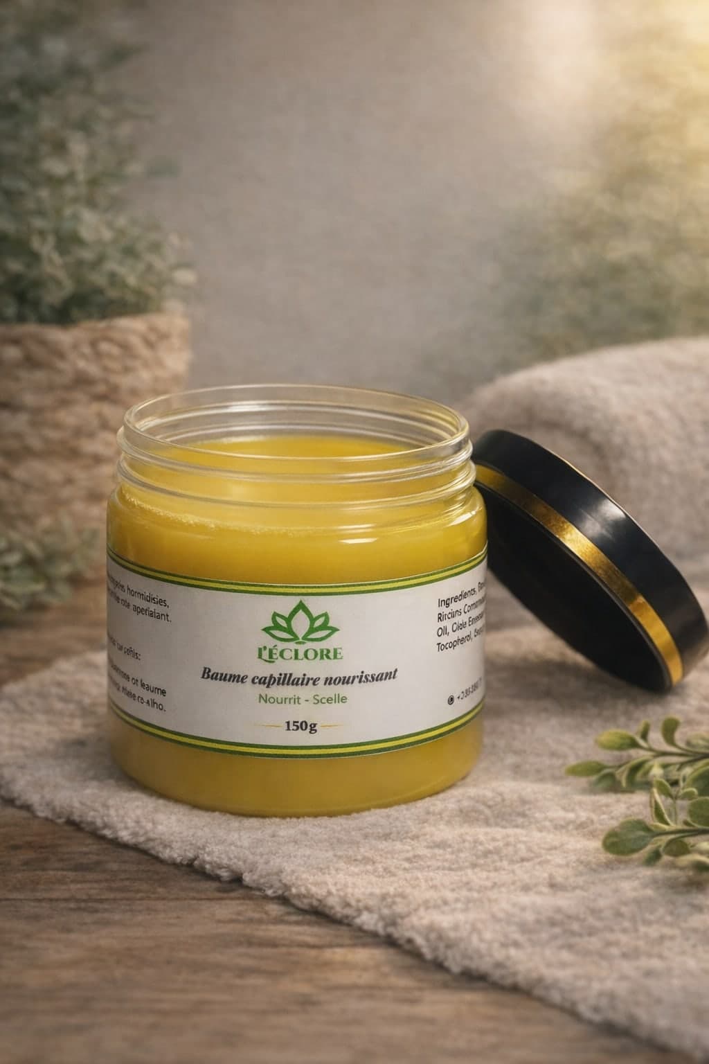 Pot ouvert de baume capillaire nourrissant L'éclore à la texture dorée