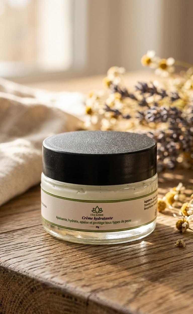 Pot de crème hydratante L'éclore sur un plateau en bois, fleurs séchées