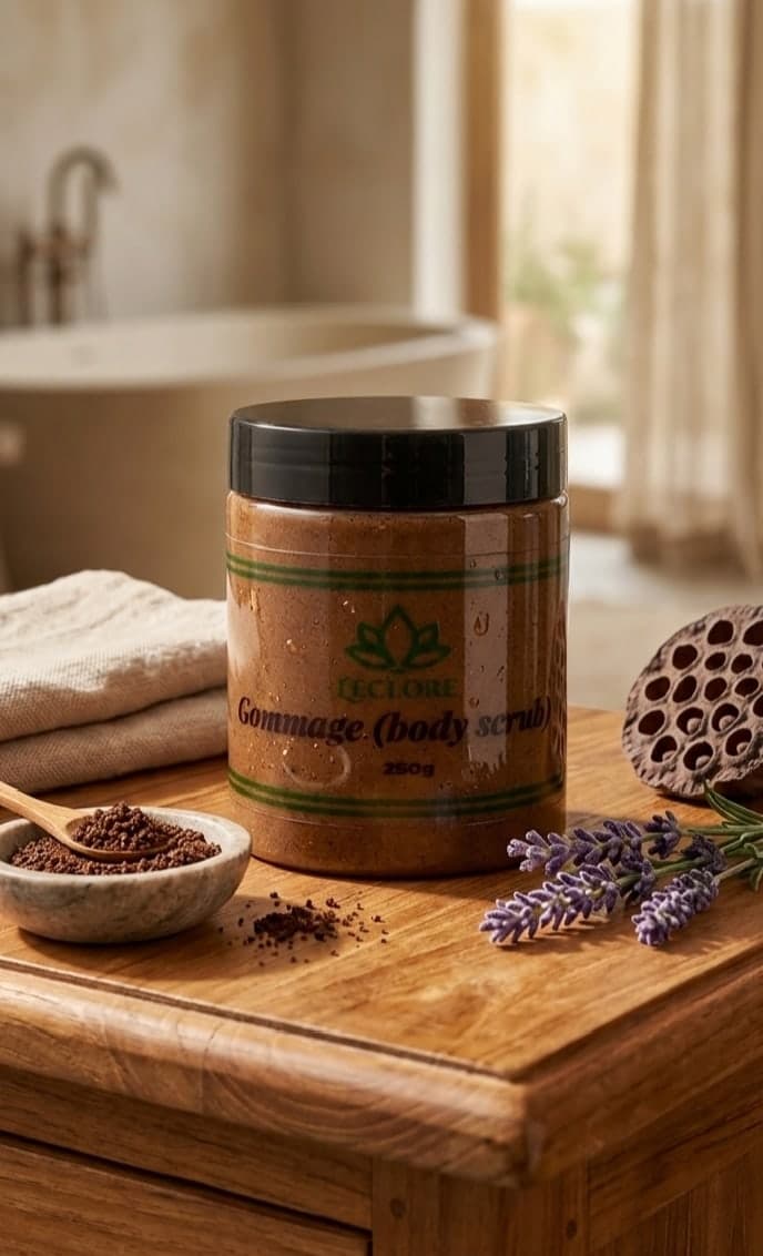 Pot de gommage corps L'éclore entouré de lavande et de graines de lotus