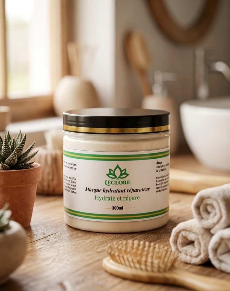 Pot de masque hydratant réparateur L'éclore dans une salle de bain lumineuse