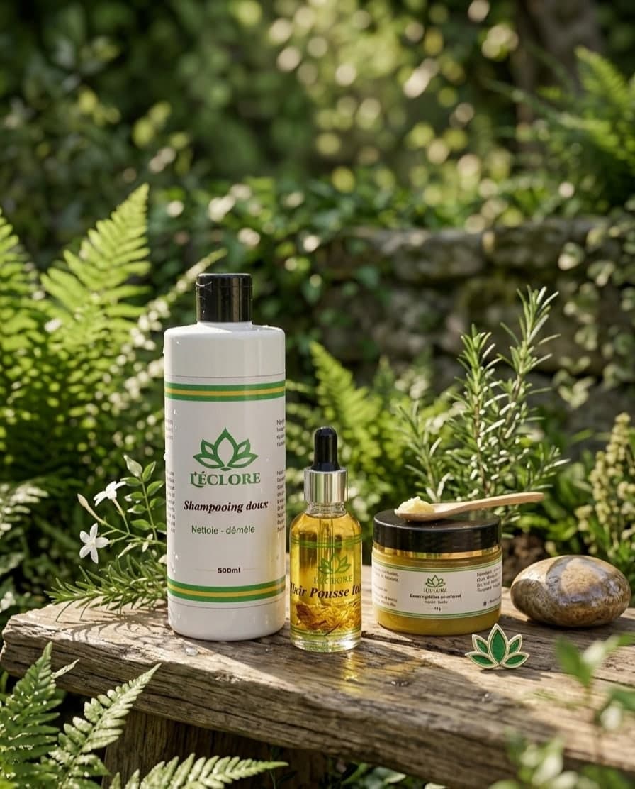 Shampooing doux, élixir et baume L'éclore sur une souche, dans un jardin luxuriant