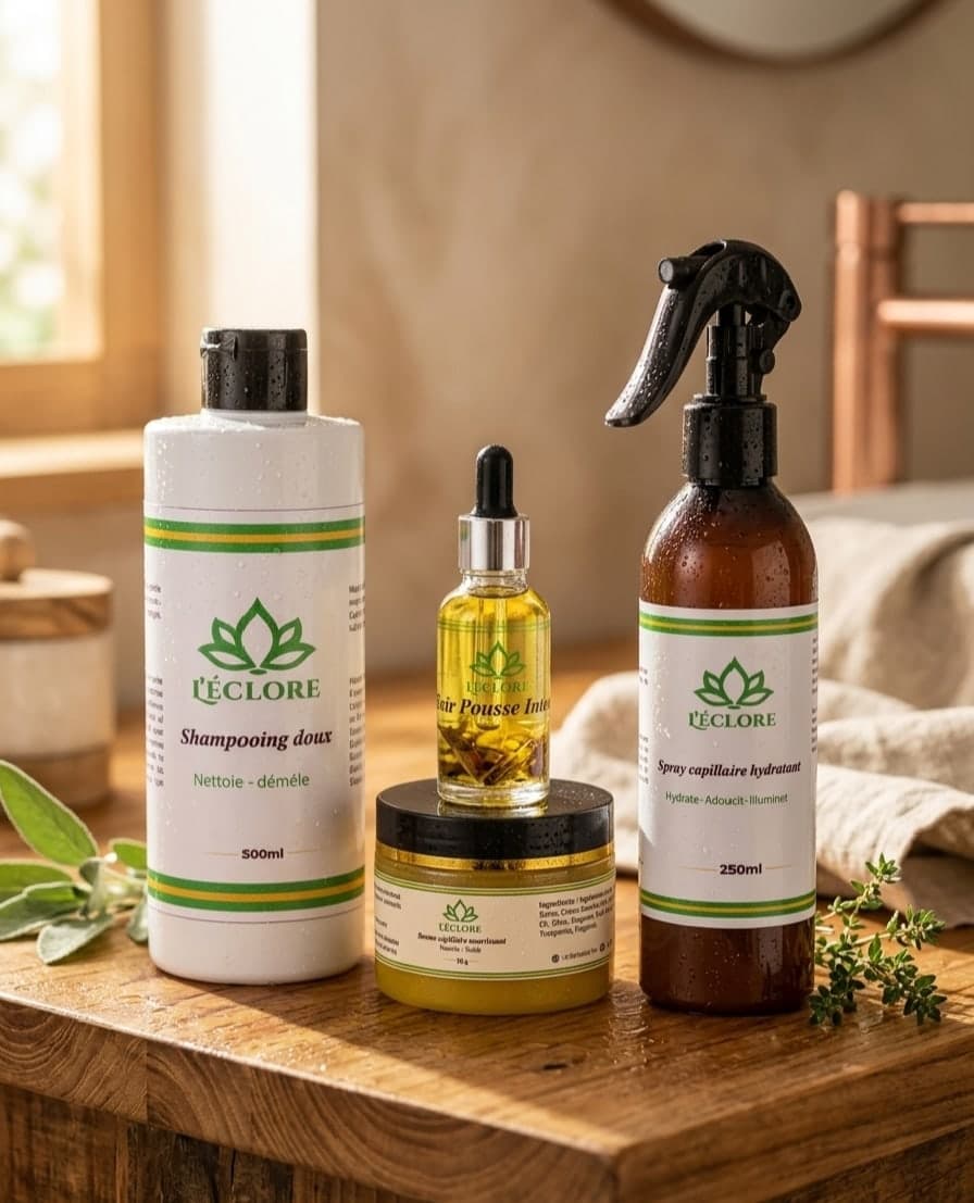 Shampooing, élixir, baume et spray L'éclore sur un plan de travail en bois