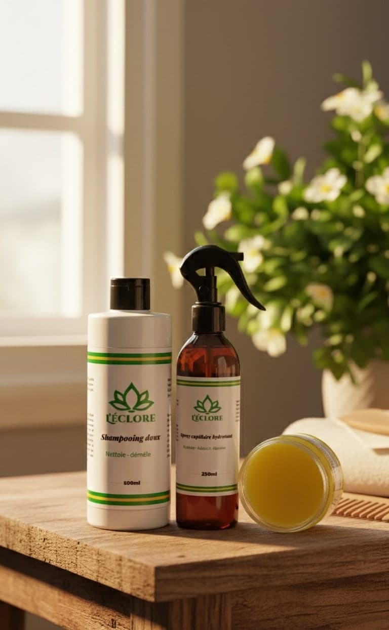 Shampooing, spray hydratant et baume L'éclore sur une table en bois près d'une fenêtre