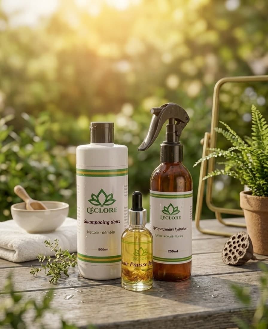 Shampooing, élixir et spray L'éclore sur une terrasse baignée de soleil