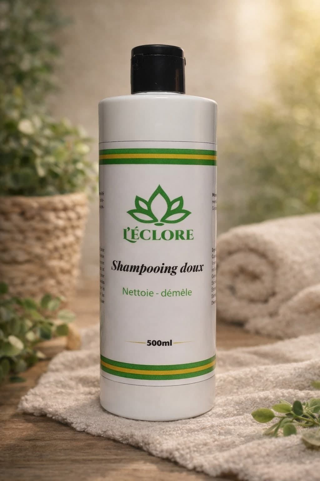 Flacon de shampooing doux L'éclore posé sur une serviette en coton